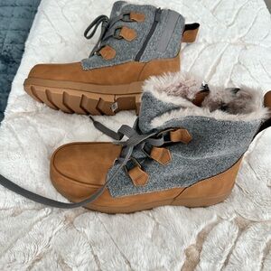 torrid Plush Faux Fur Booties in Light Gray & Tan Accent